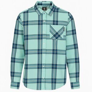 Flylow Shirt Mens XL Blue Green Plaid Snap Button Corbetts Ski Snowboard Logo